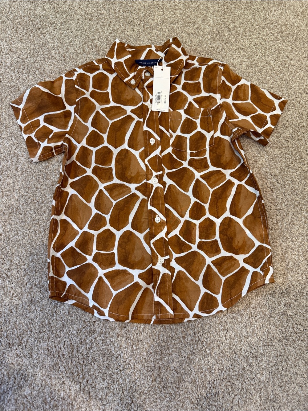 Janie and Jack Brown and White Giraffe Print Short Sleeve Shirt